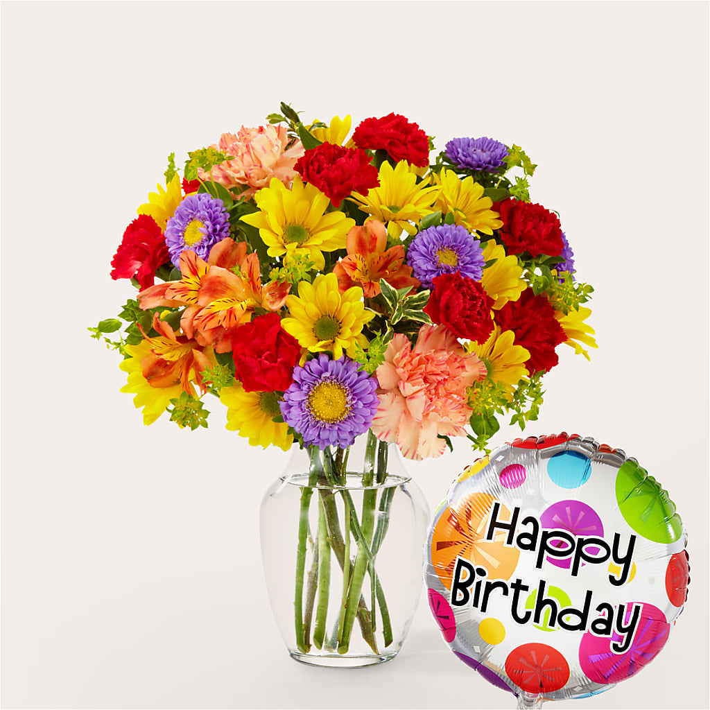 Kaleidoscope Bouquet with Birthday Balloon – One Million Roses Llc, Caldwell ID