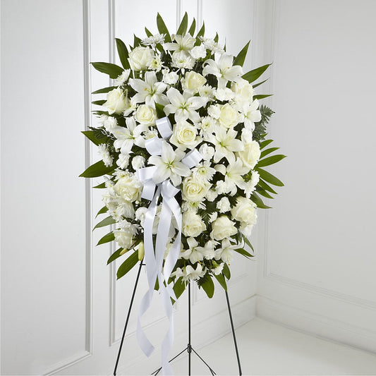 Exquisite Tribute Standing Spray-White Ribbon –  One Million Roses Llc, Caldwell ID